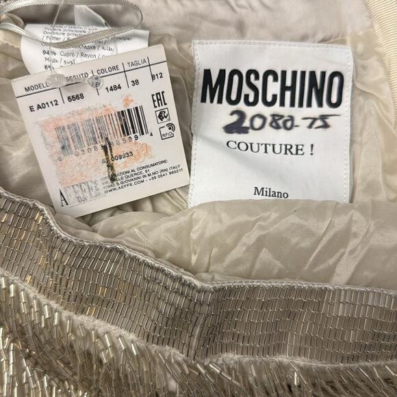 MOSCHINO Beaded Fringe Silk Pencil Skirt In Silver size 6 Rare NWT Retails $5945 - Picture 4 of 13